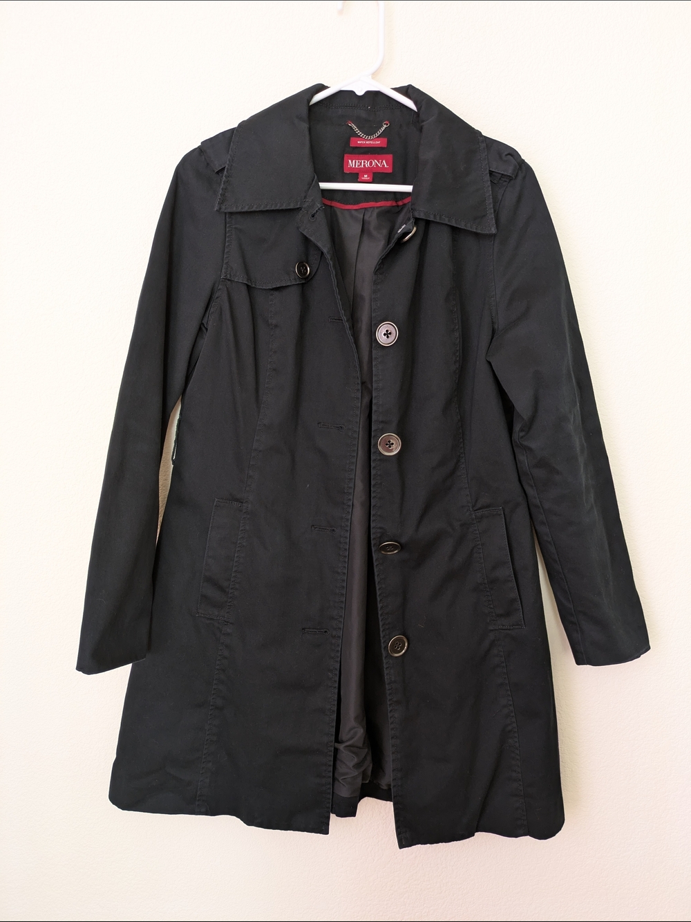 Merona Classic Black Women's Trench Coat with Button Front Water Repellent